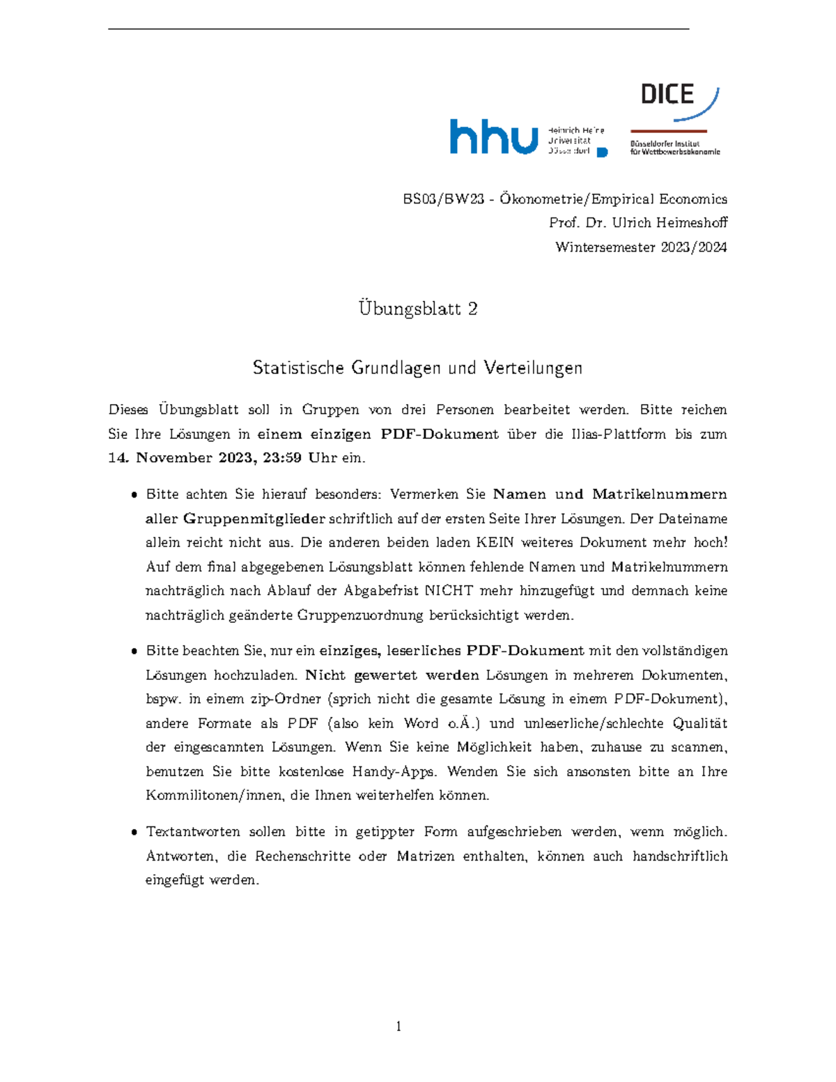 B2 Ilias - Blatt 2 - BS03/BW23 - ̈Okonometrie/Empirical Economics Prof ...