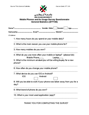Mobile Phones and Its Usage Survey Questionnaire - - Studocu