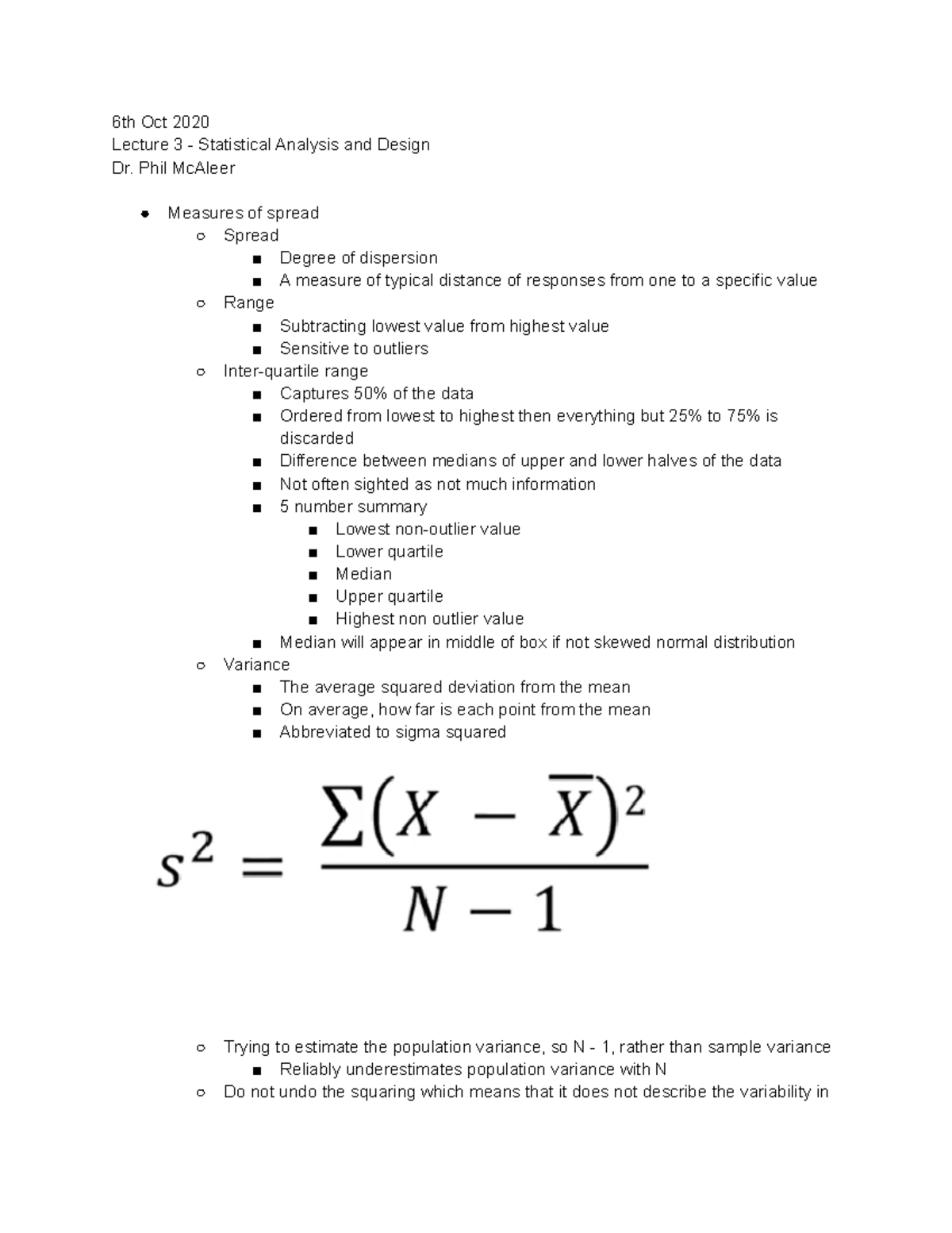 Statistical Analysis and Design Lecture 3 - 6th Oct 2020 - 6th Oct 2020 ...