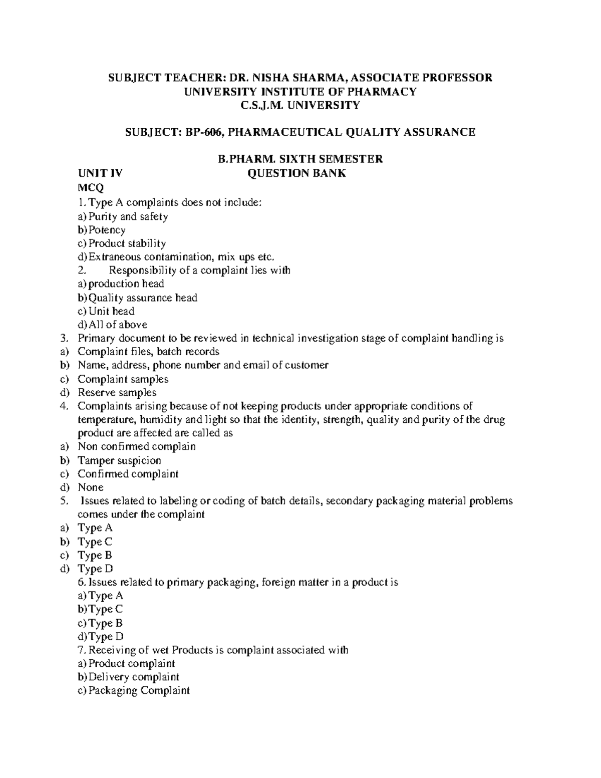 BP 606 UNIT IV QB - Notes - SUBJECT TEACHER: DR. NISHA SHARMA ...