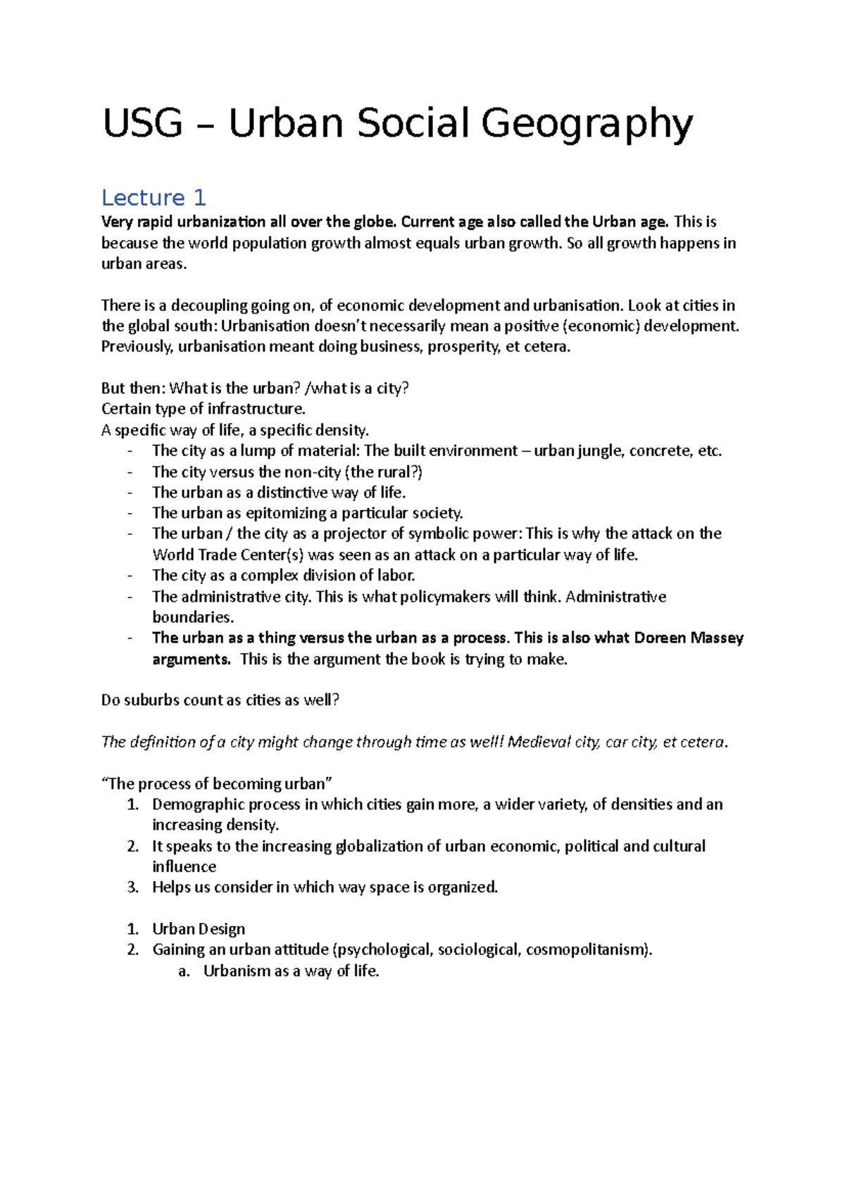 USG Total Summary USG Urban Social Geography Lecture 1 Very rapid