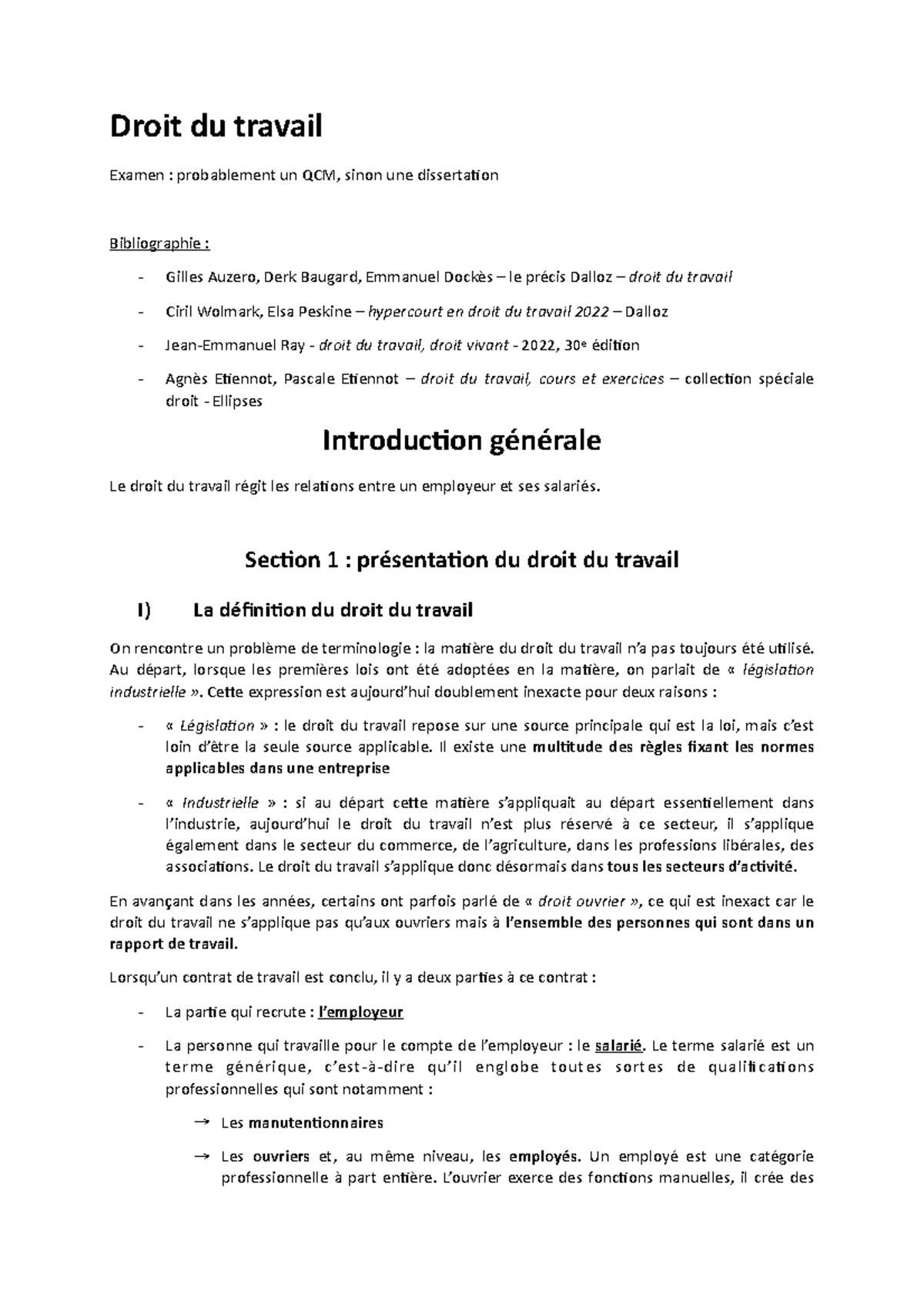 Droit du travail L3 S5 - Notes de cours Cours L3 Semestre 5 - Droit du ...