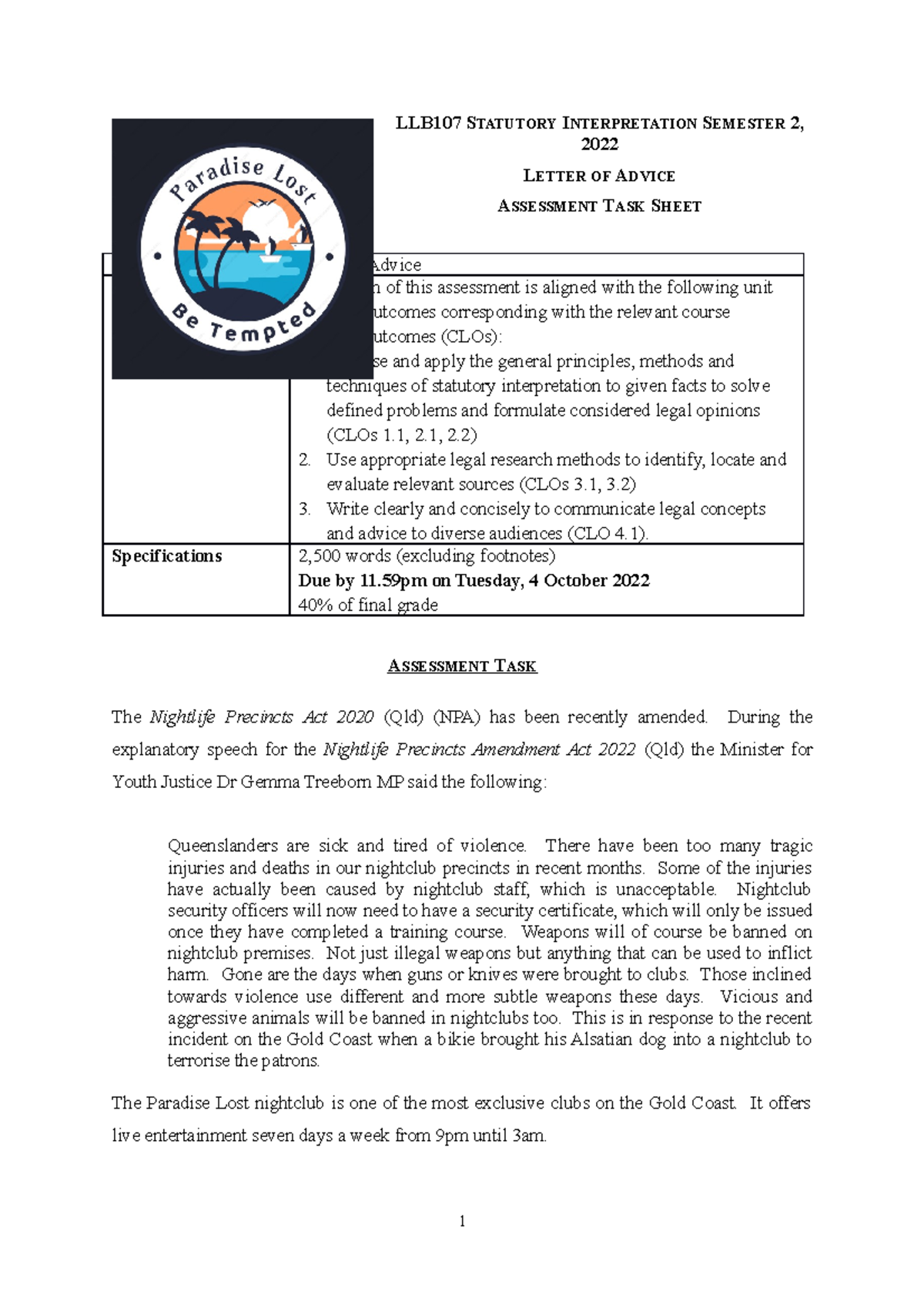 Task Sheet Description - LLB107 STATUTORY INTERPRETATION SEMESTER 2 ...