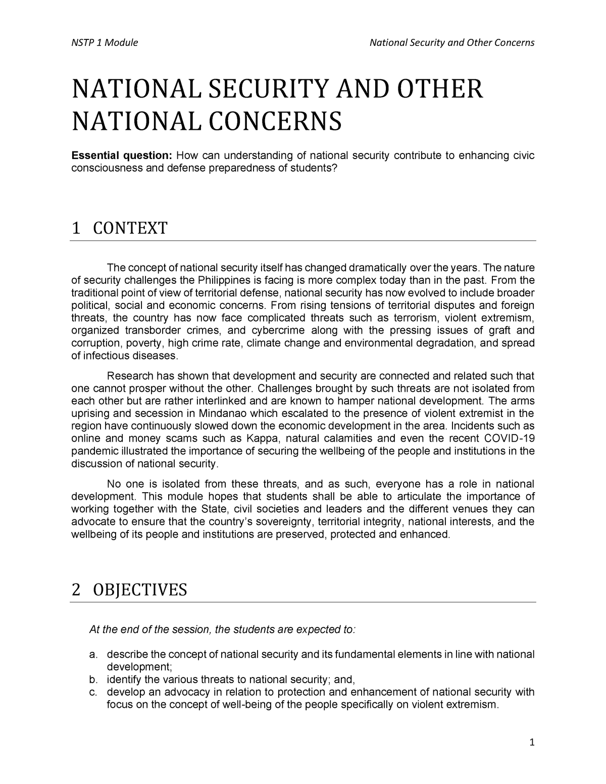 NSTP National Security And Other Concerns NATIONAL SECURITY AND OTHER 