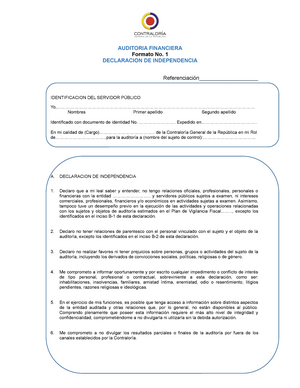 Formato  Declaración de independencia - AUDITORIA FINANCIERA Formato  No. 1 DECLARACION DE - Studocu