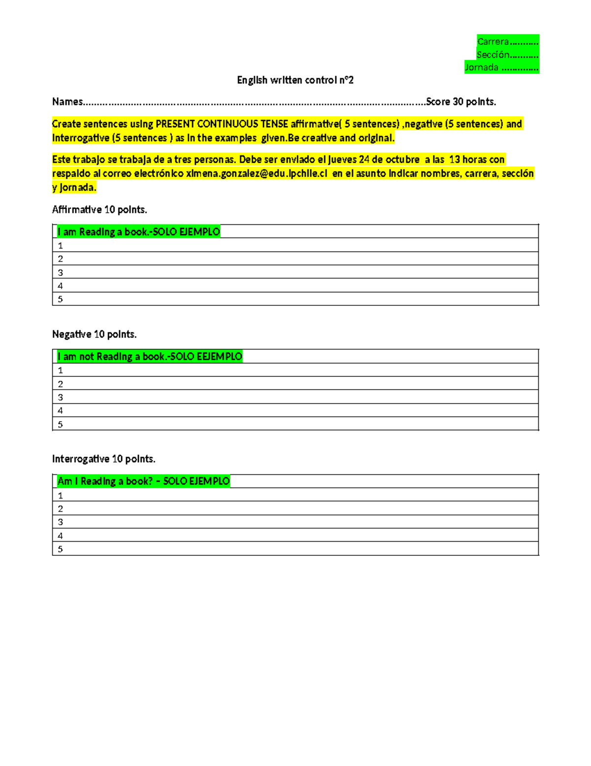 English written control 2 present continuous 2024 - Carrera ...