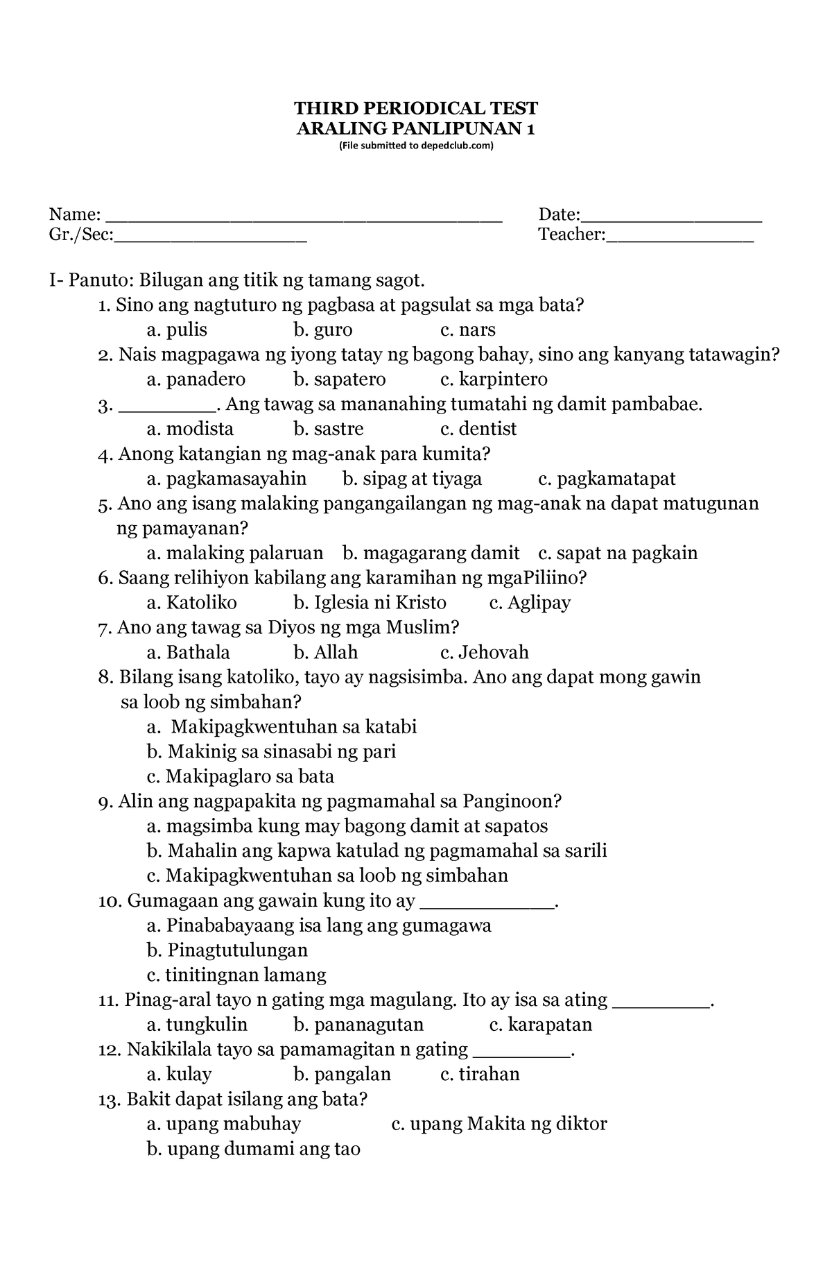 Pt Araling Panlipunan Q Third Periodical Test Araling Panlipunan Hot Sex Picture 4690