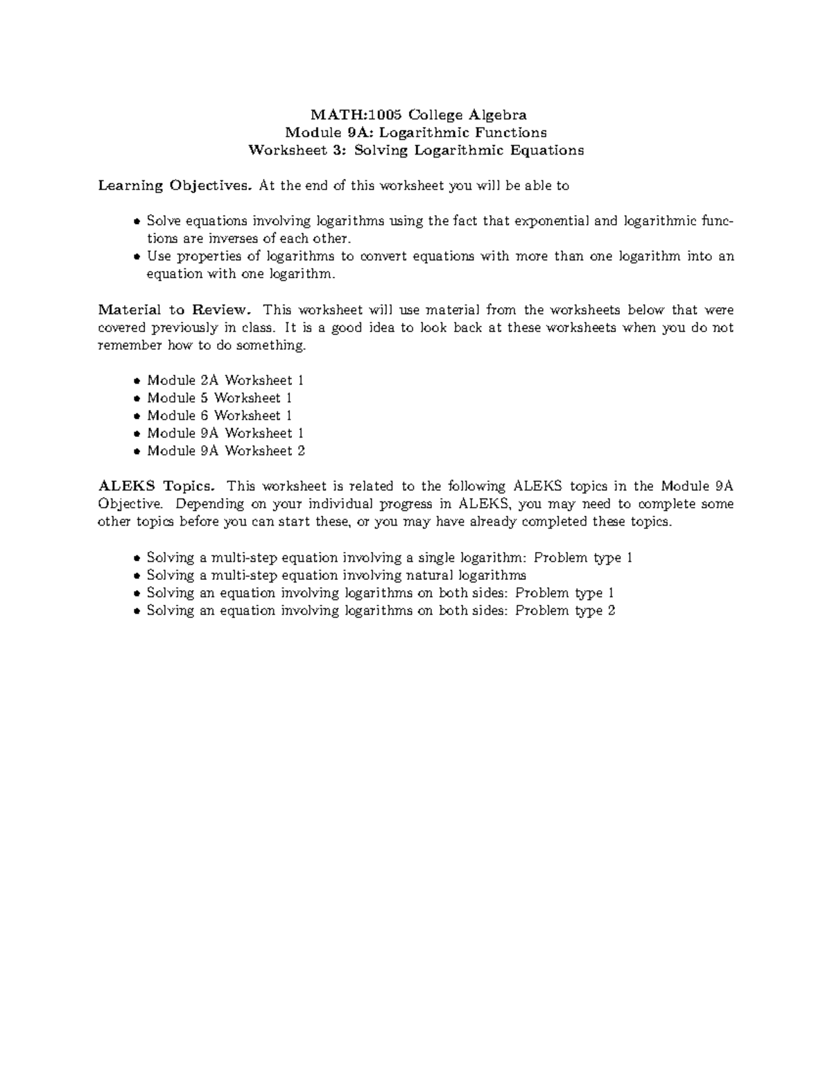 Algebra Worksheet Math 1005 IOWA Studocu