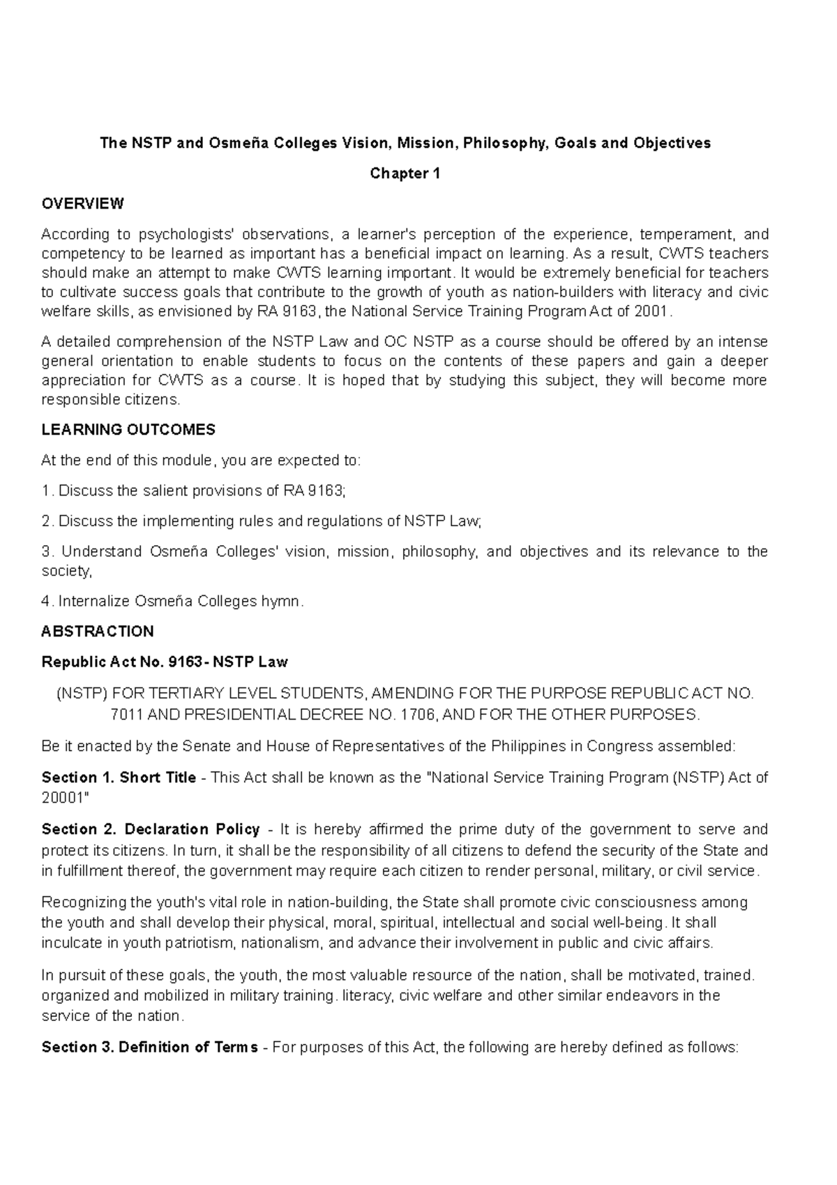 NSTP Reviewer - remember the important details - The NSTP and Osmeña ...