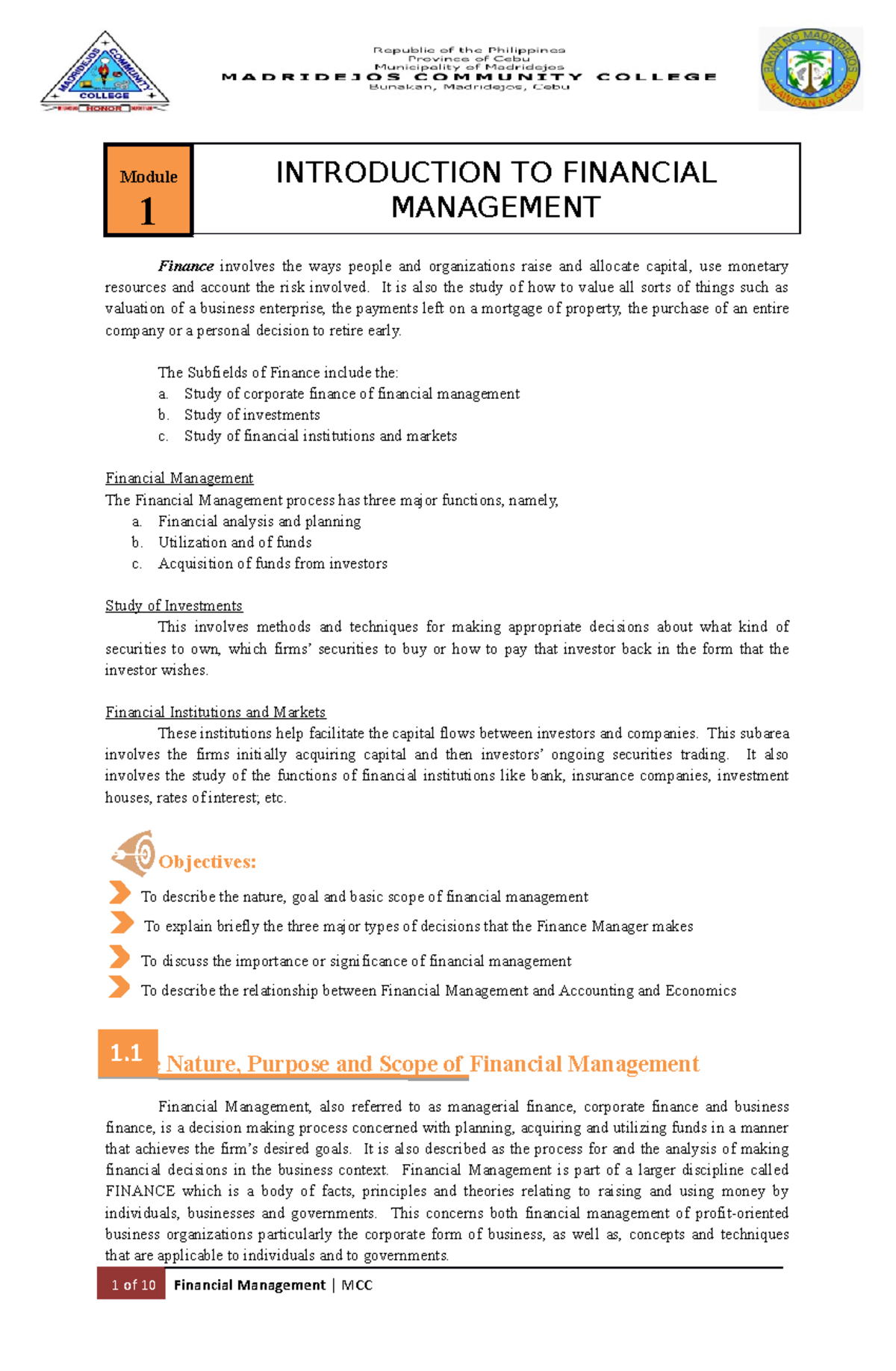 Module 1-FM - Lecture Notes 10 - Module 1 INTRODUCTION TO FINANCIAL ...