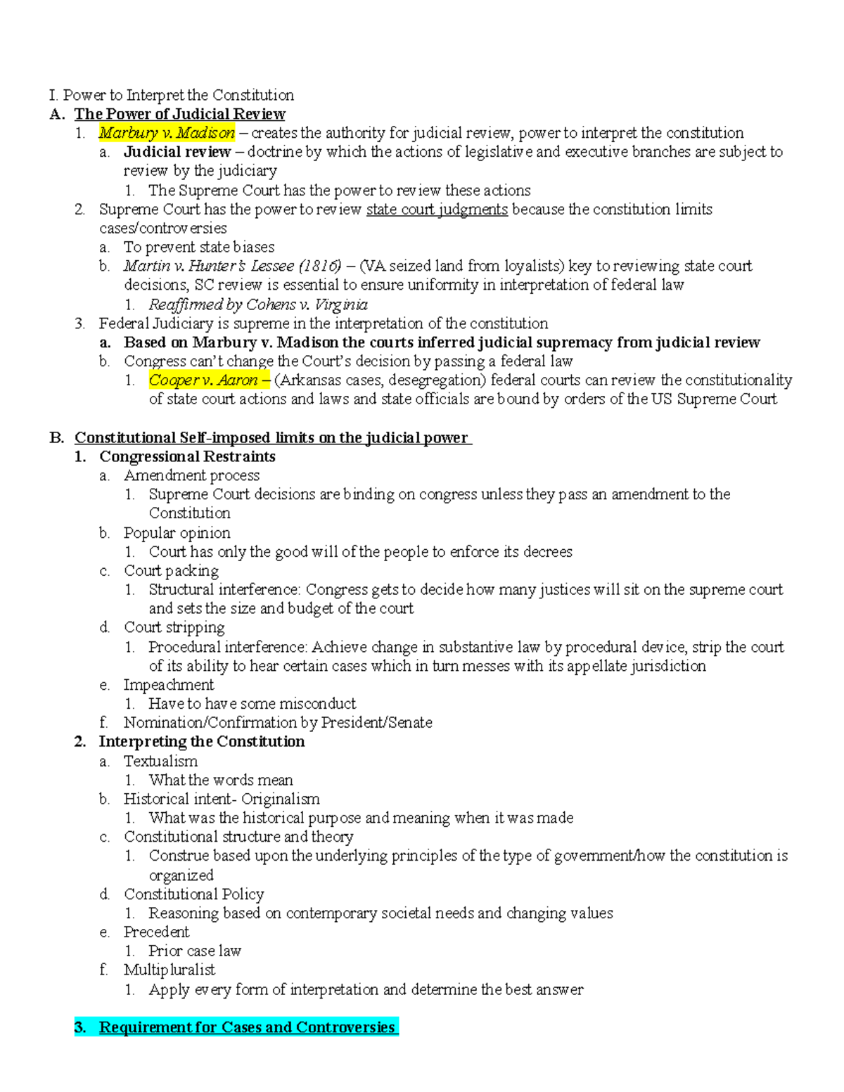 Constitutional Structure Outline - I. Power to Interpret the ...