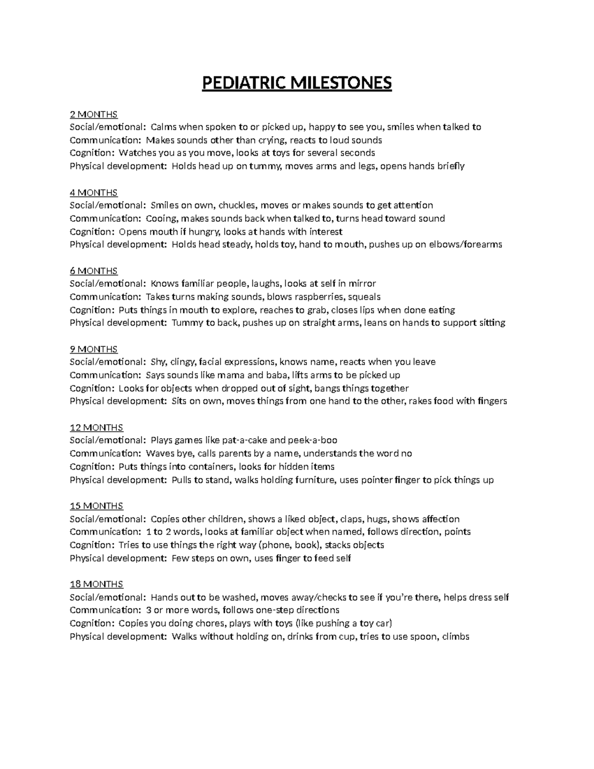 Pediatric Milestones - PEDIATRIC MILESTONES 2 MONTHS Social/emotional ...