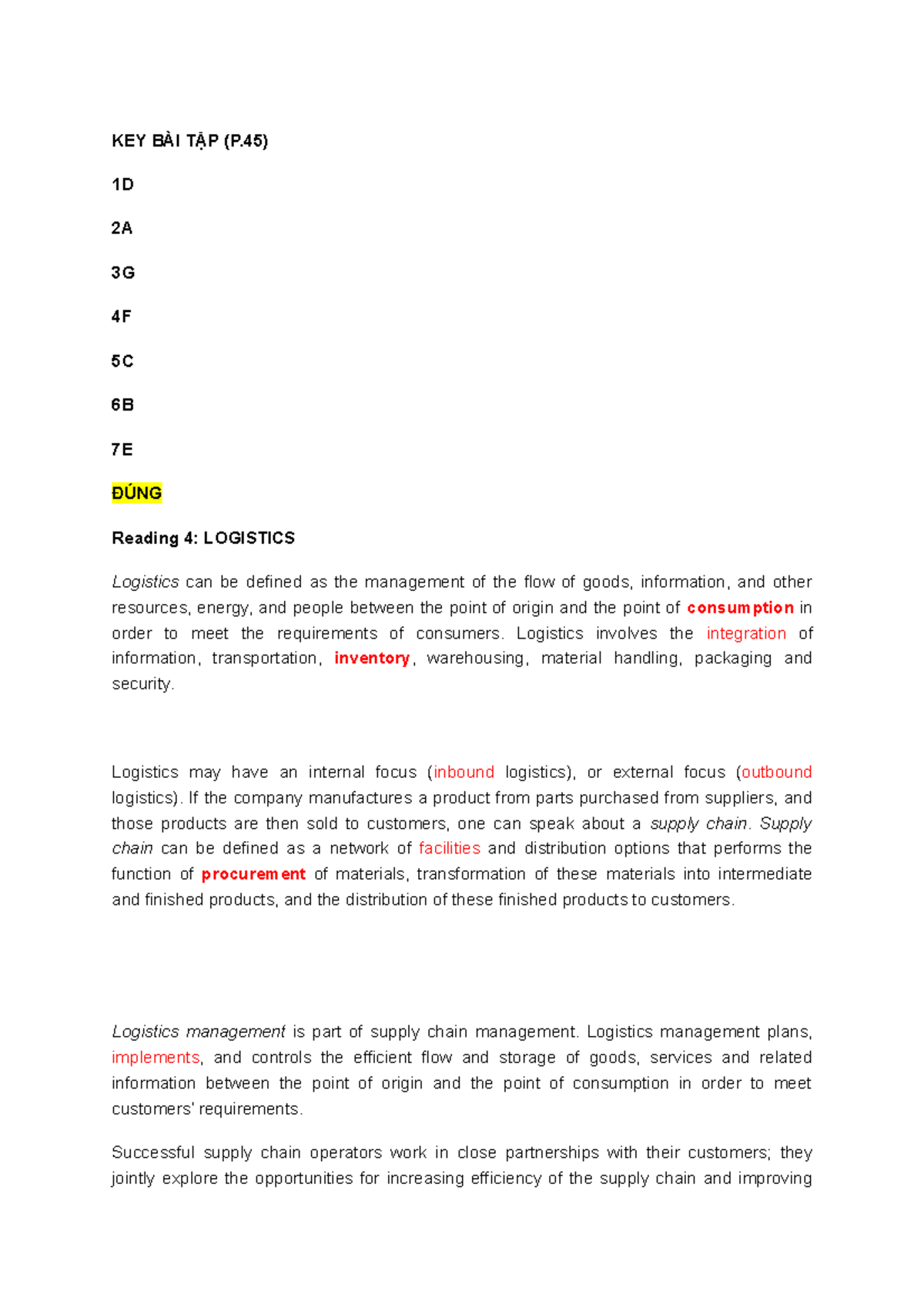 Bài soạn reading 4 1 - logistic - KEY BÀI TẬP (P) 1D 2A 3G 4F 5C 6B 7E ...