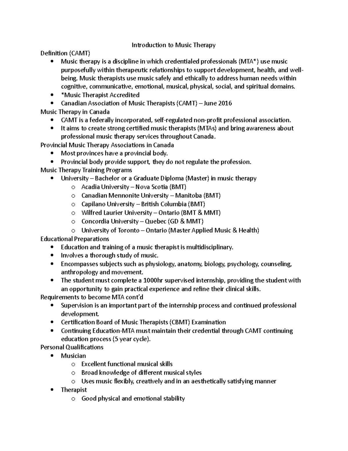 Music 2MT3 Lecture Notes - Introduction to Music Therapy Definition ...