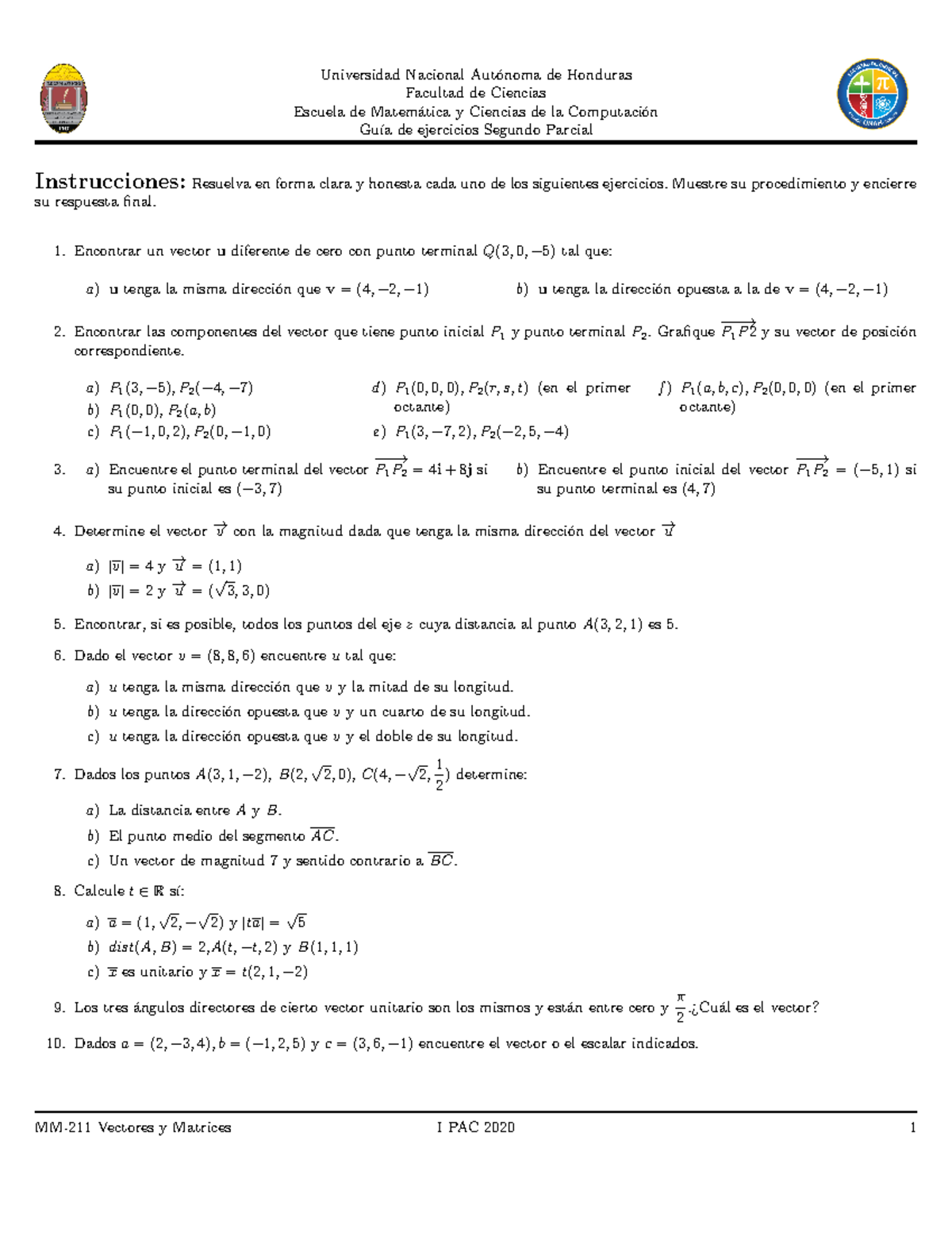 UNAH Tarea Vectores Parcial I PAC2020 - Facultad De Ciencias Escuela De ...