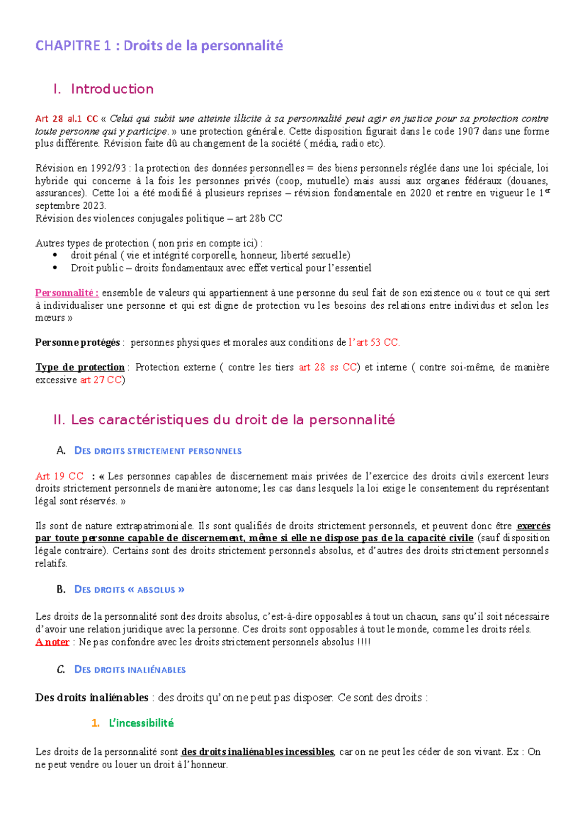 Chapitre 1 - Droits de la personnalité - Droit Civil - UNIL - Studocu