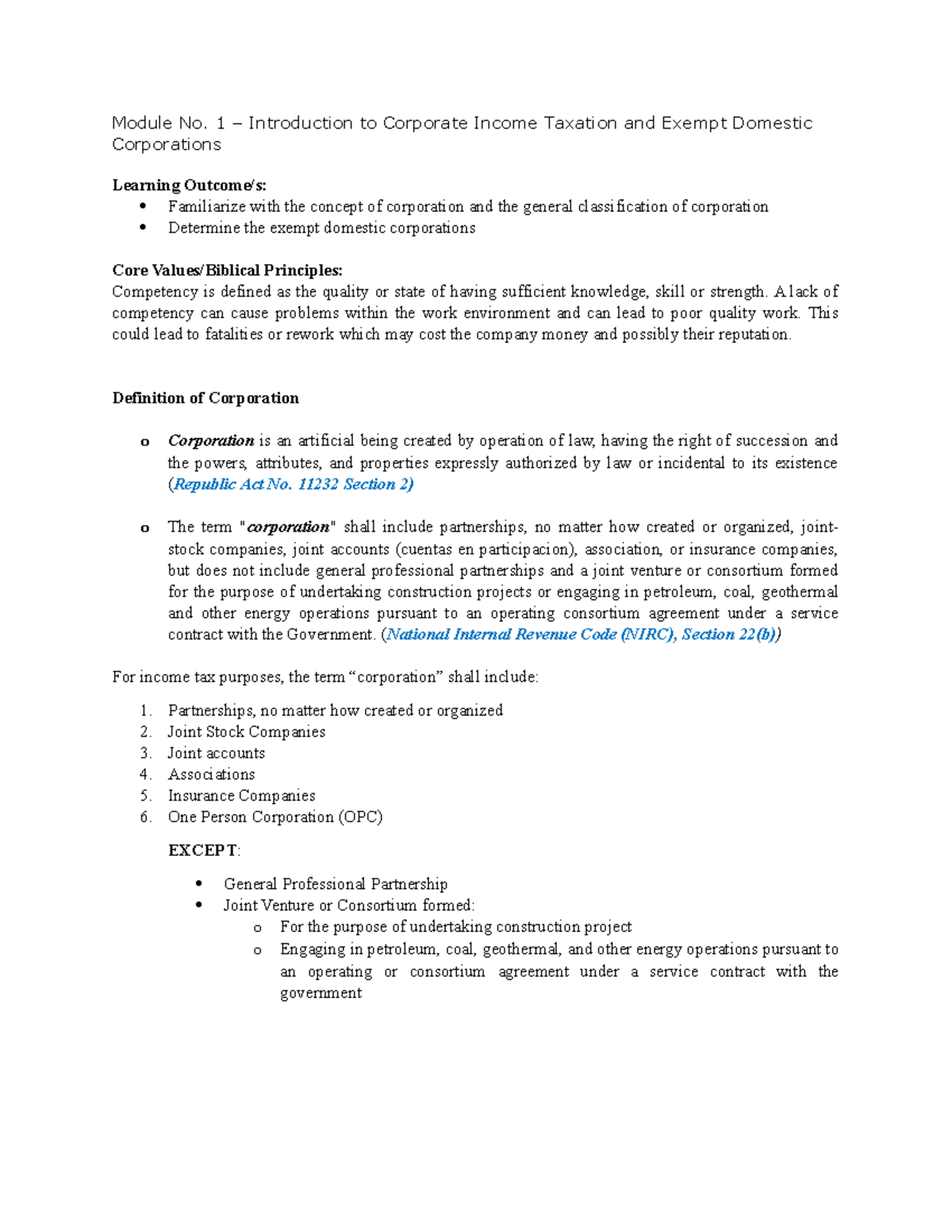 Module no. 1 Introduction to Corporate Tax and Exempt domestic