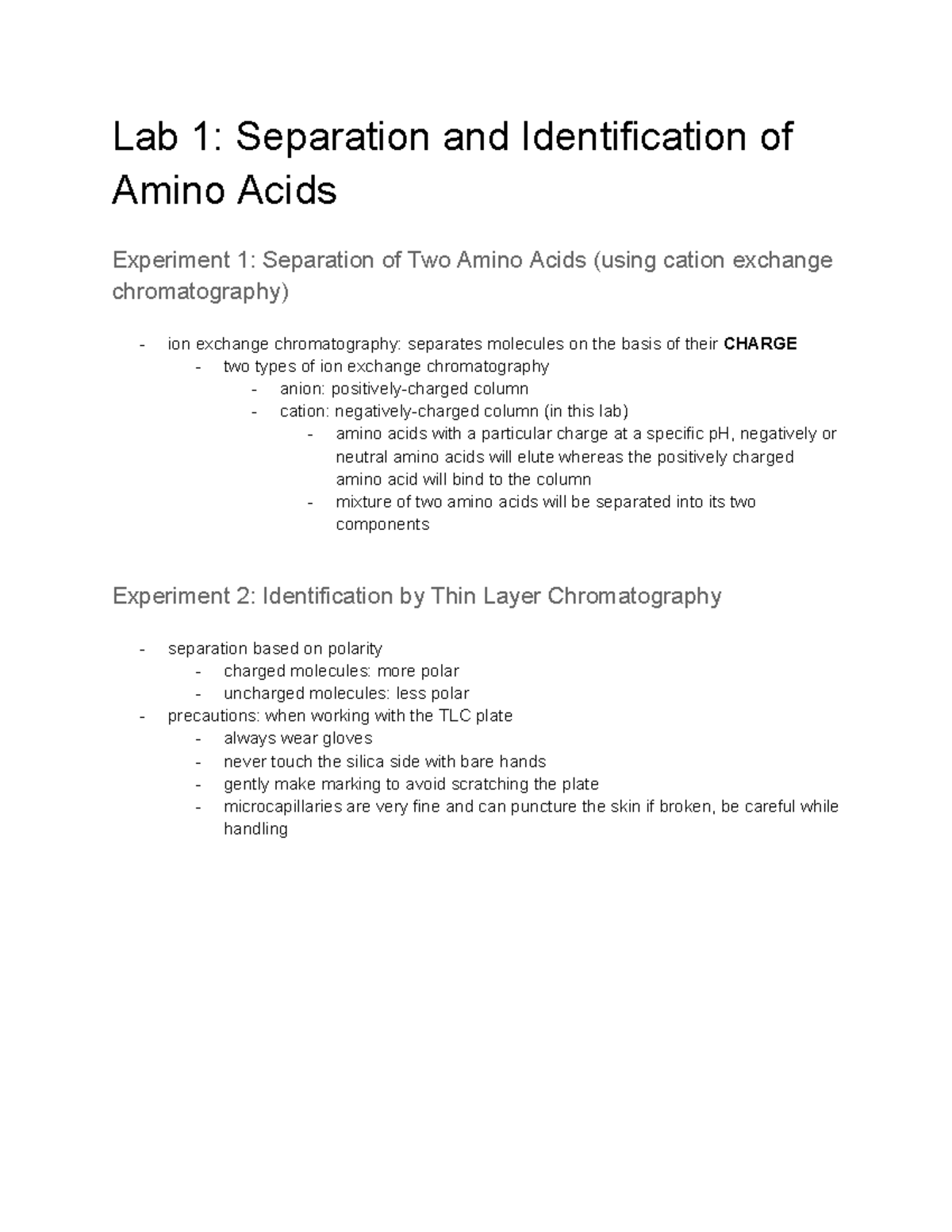 Bioc 2580 Lab 1 Notes - Lab 1: Separation And Identification Of Amino ...