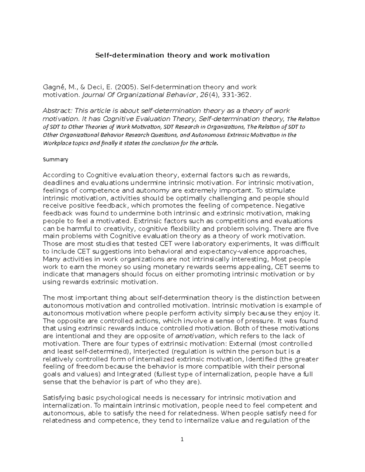 Selfdetermination theory and work motivation , & Deci, E. (2005