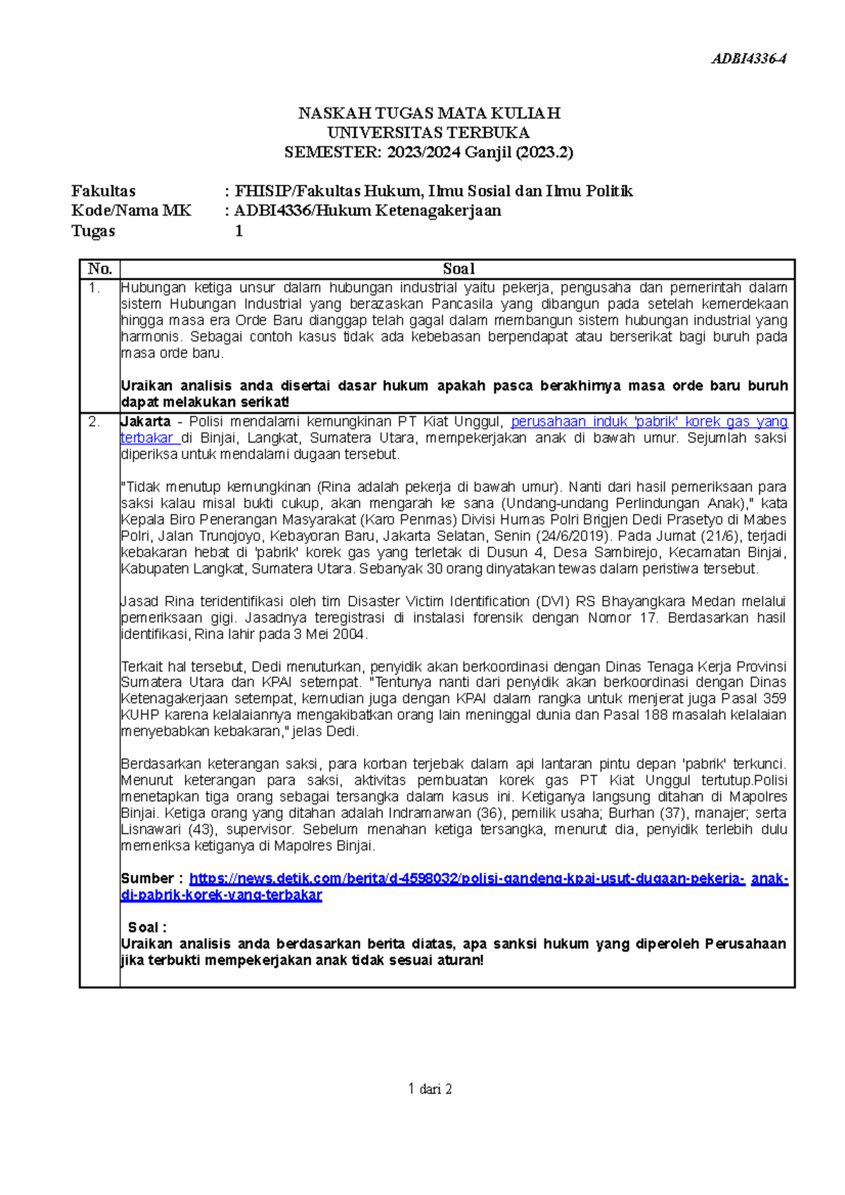 Soal adbi4336 tmk1 4 knsI ADBI4336 1 dari 2 NASKAH TUGAS MATA