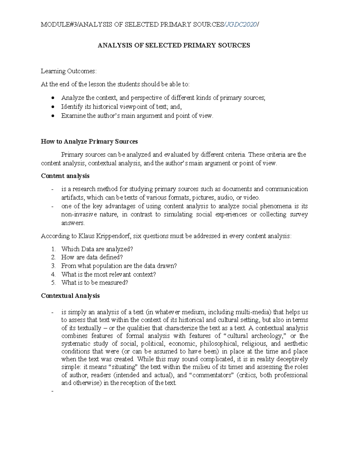 Lesson 3 Analysis Of Selected Primary Sources - Module#3 Analysis Of 