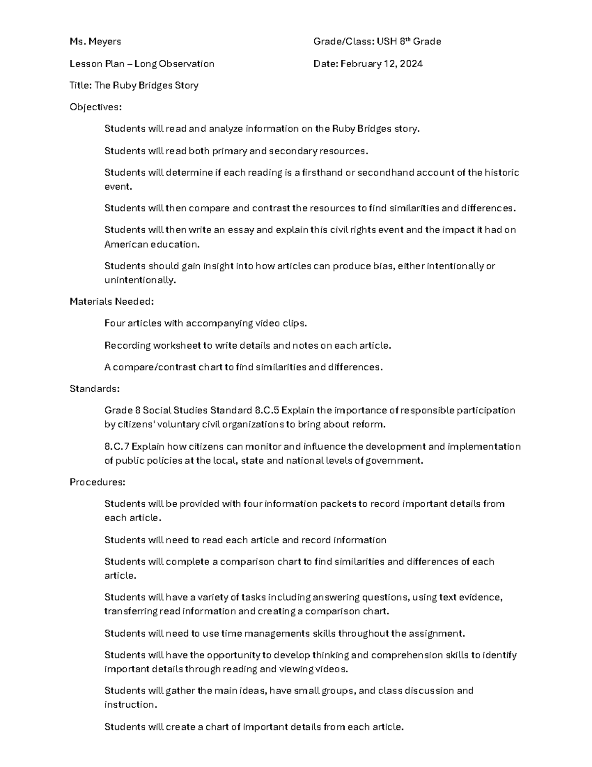 Long Observation-Ruby Bridges-Feb 12, 2024 - Ms. Meyers Lesson Plan ...
