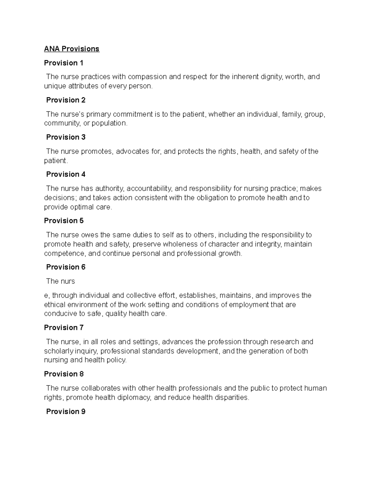 ANA Provisions powerpoint worksheet answers - ANA Provisions Provision ...