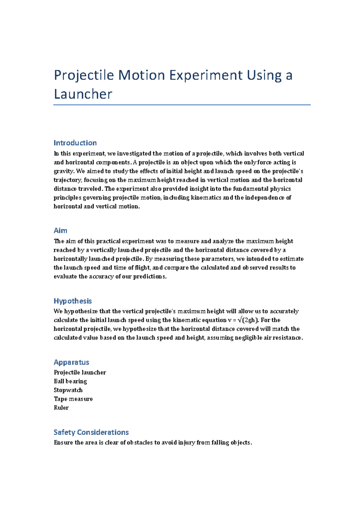 Projectile Motion Experiment Report - Projectile Motion Experiment ...