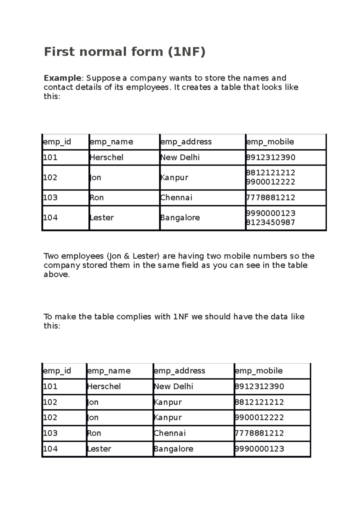 Normalization - First normal form (1NF) Example: Suppose a company ...