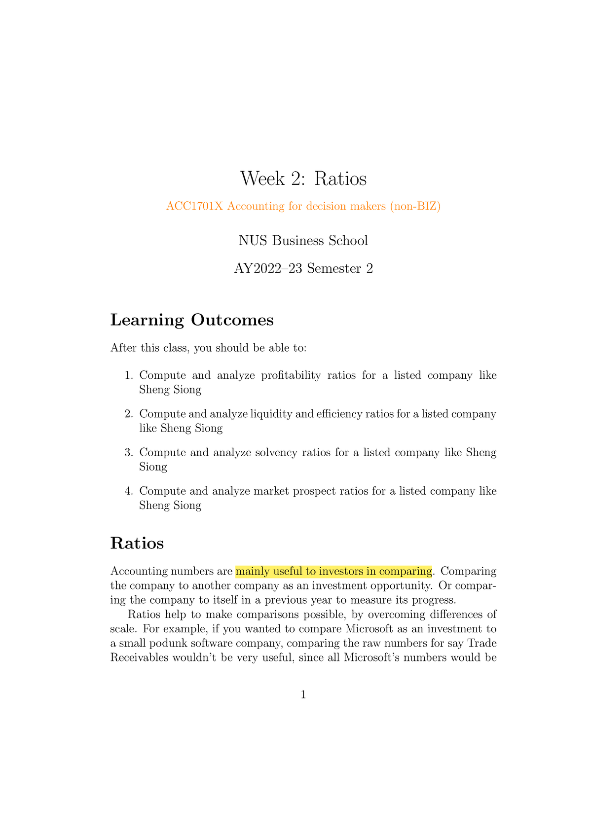 Week2 handout Worked - Lecture notes - Week 2: Ratios ACC1701X ...