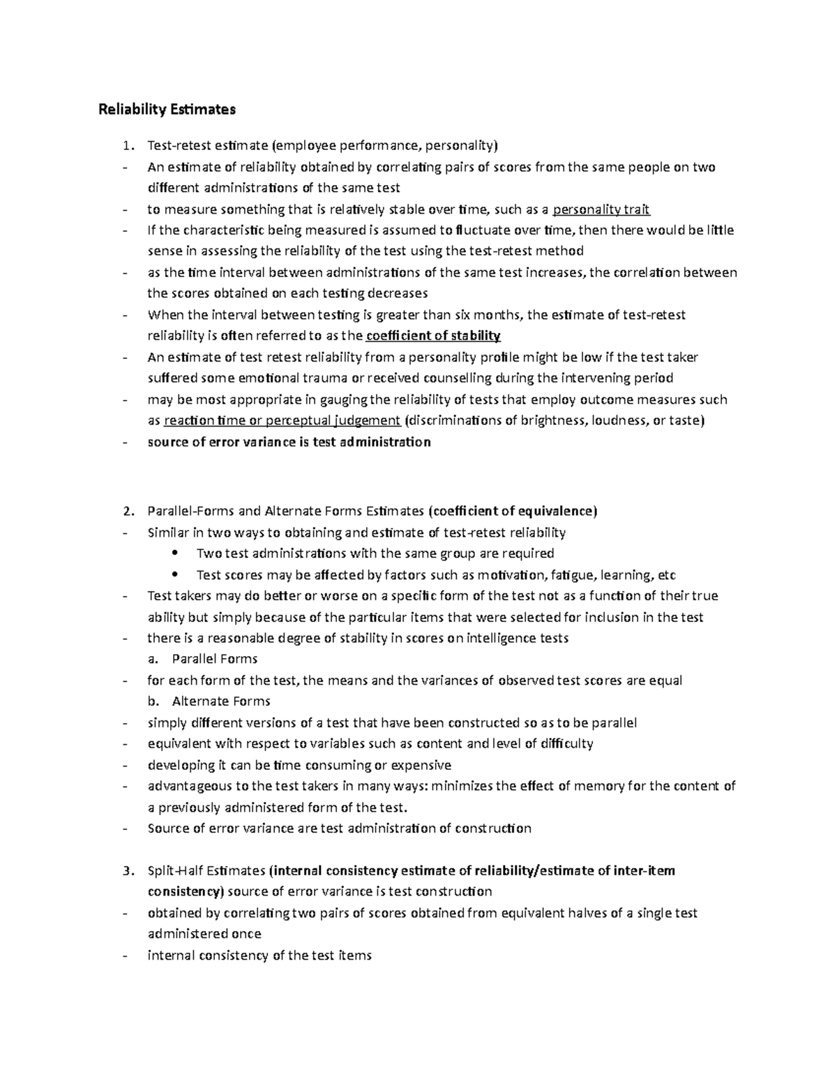 Reliability Estimates - Reliability Estimates Test-retest estimate ...
