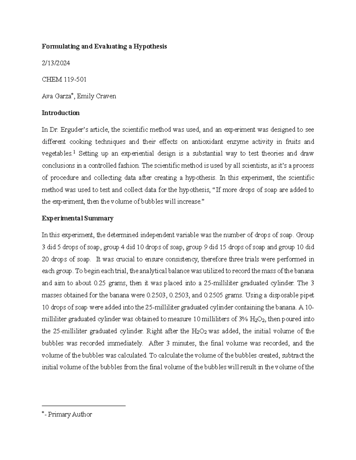 Lab Report CHEM 119 - Formulating and Evaluating a Hypothesis 2/13 ...