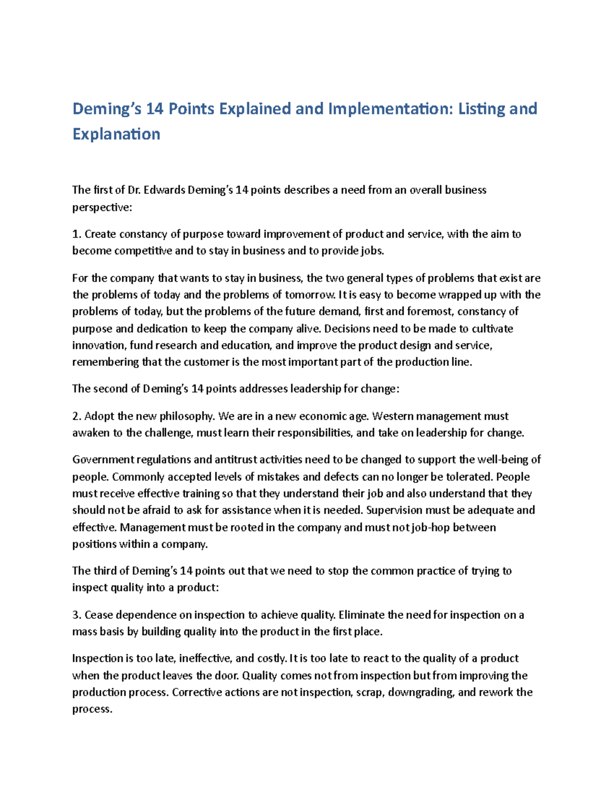 Deming’s 14 Points Explained and Implementation Listing and