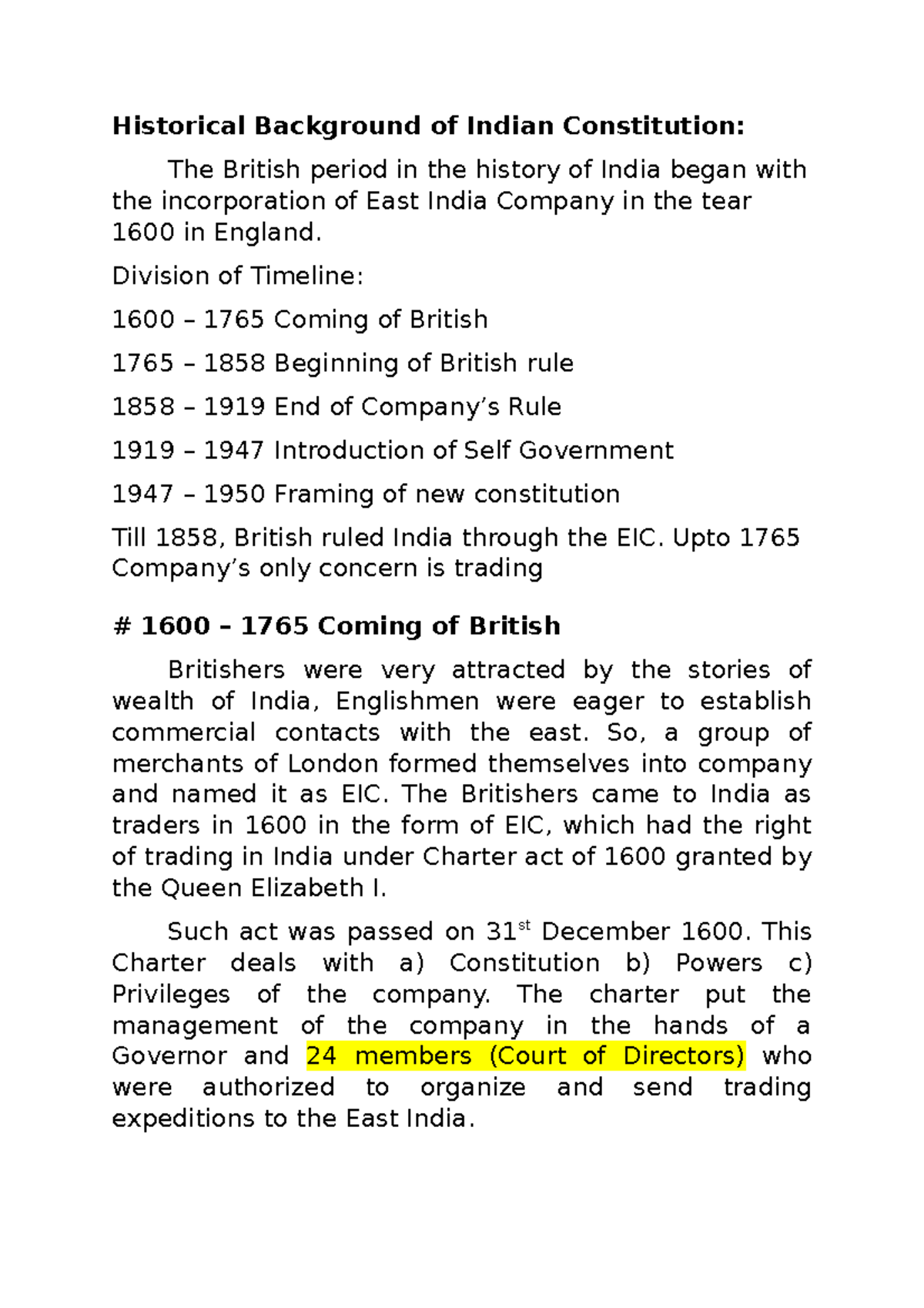 Historical Background of Indian Constitution Division of Timeline