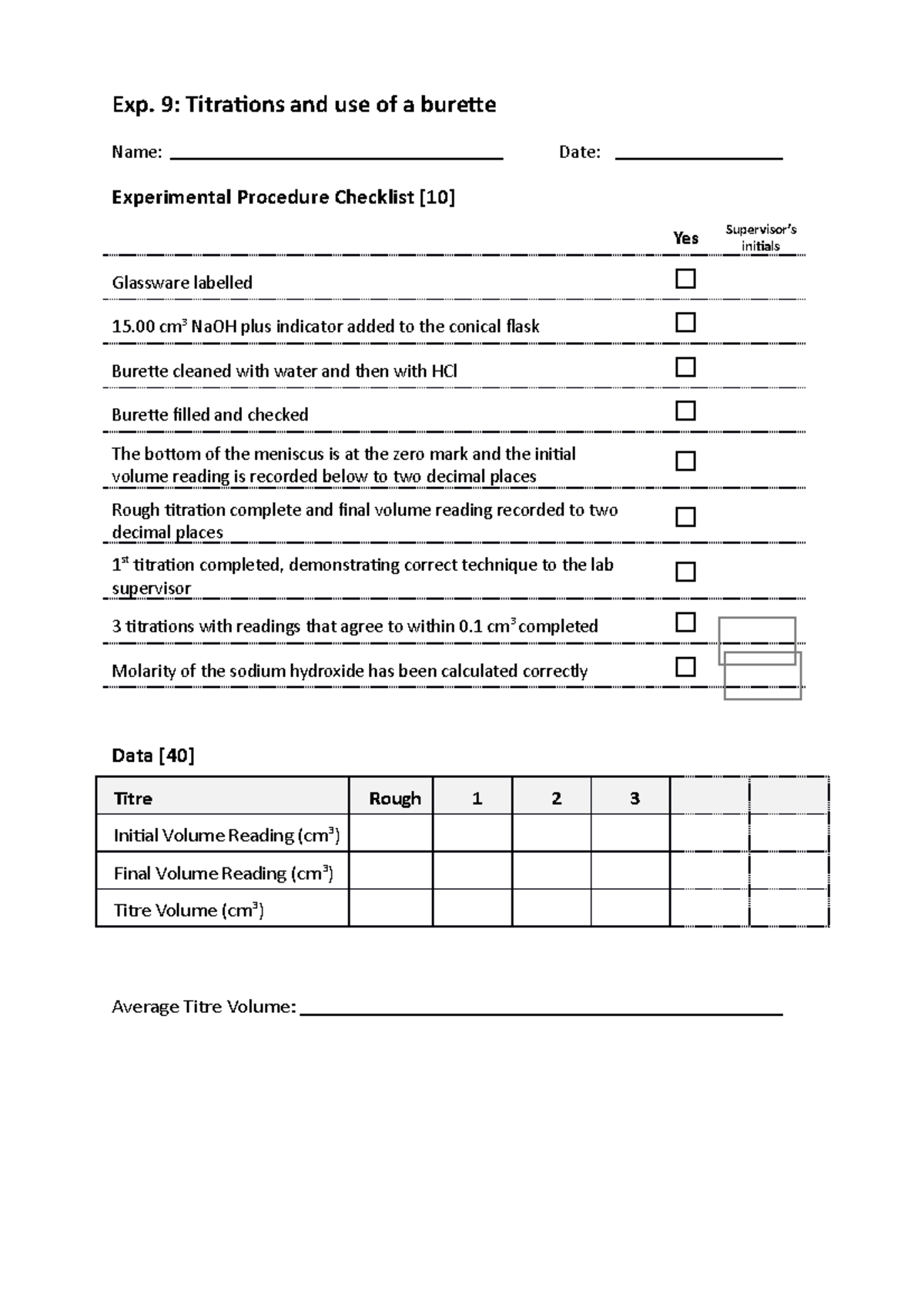 Experiment 9 Essential skills Titration and use of a burette Exp. 9