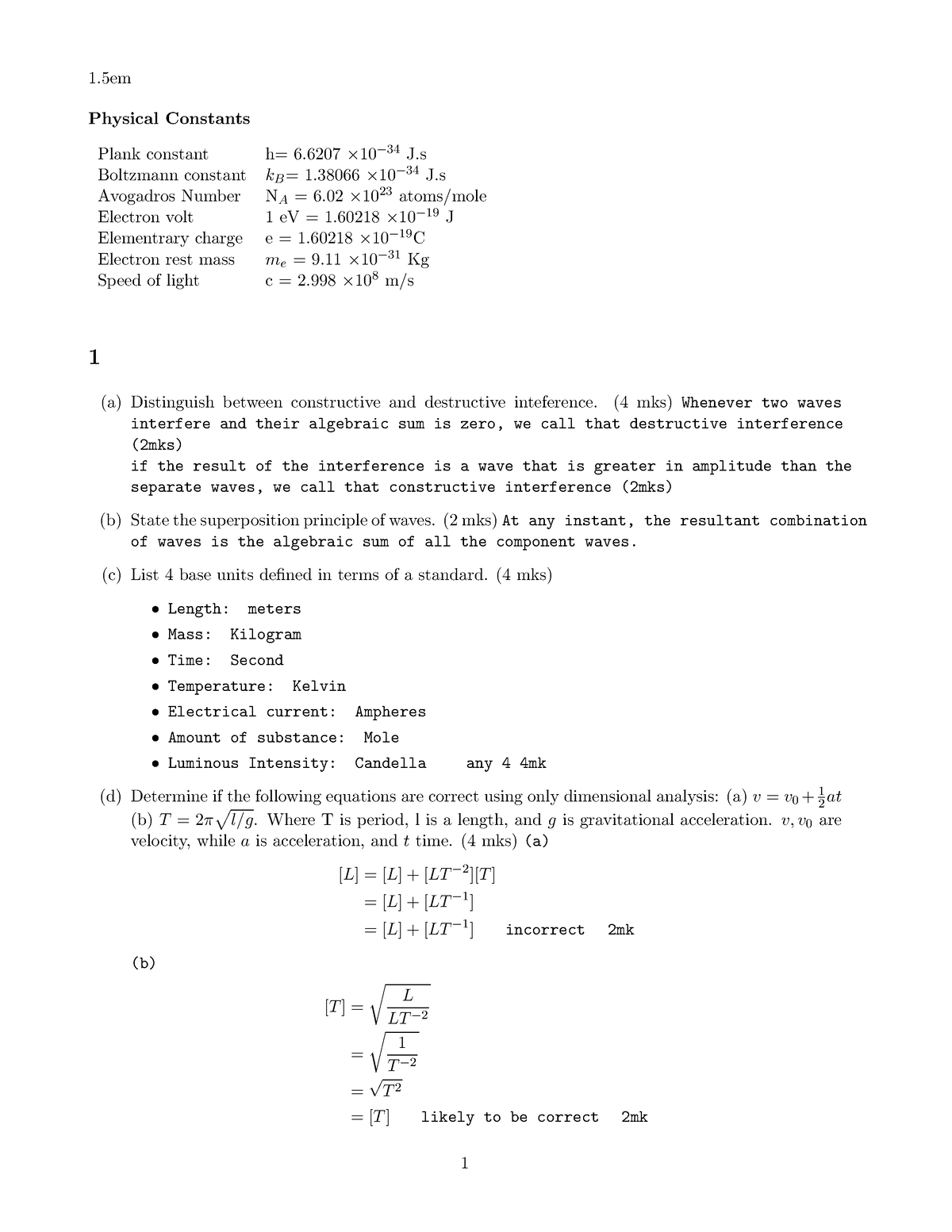 Modelexam - Physics Exam 1st year Semester 1 - 1 Physical Constants ...