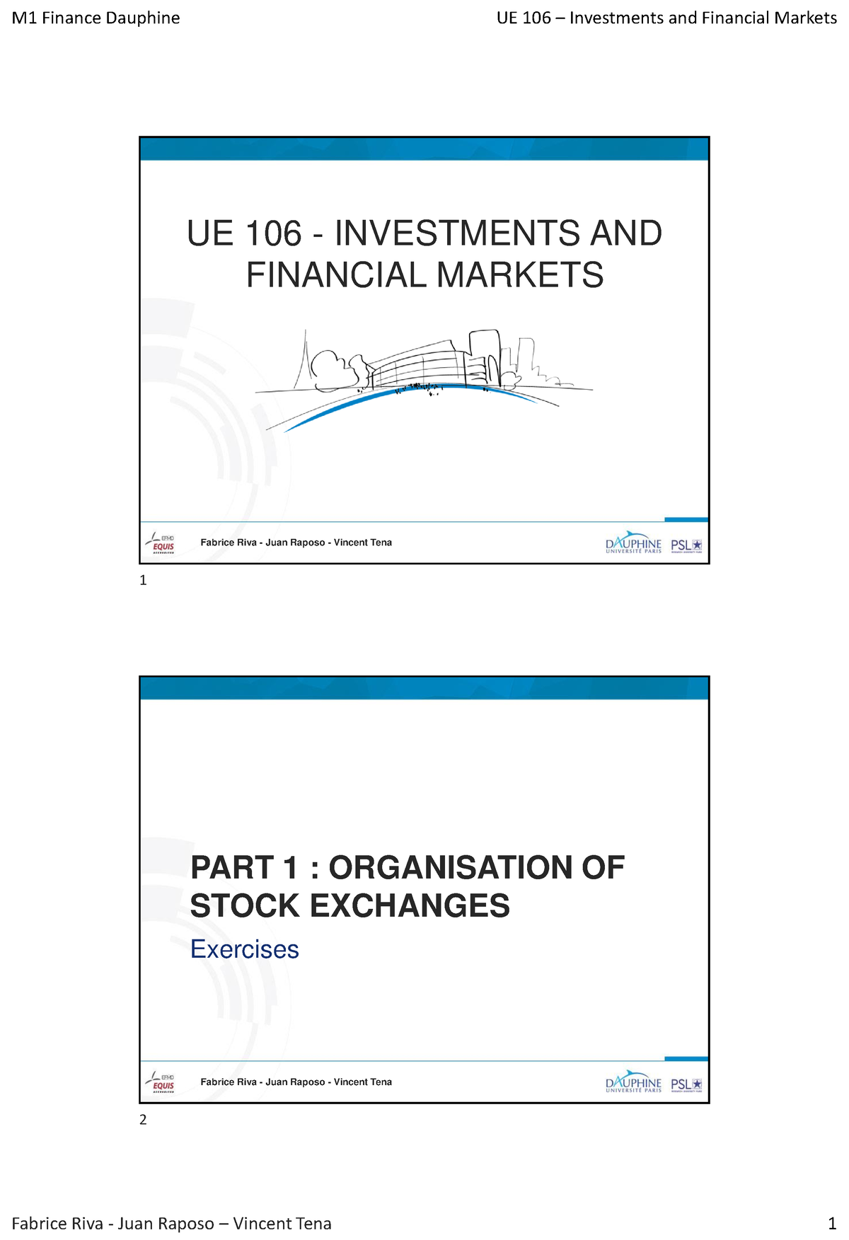 Part 1 Exercises - Pdf du cours en classe - UE 106 - INVESTMENTS AND ...