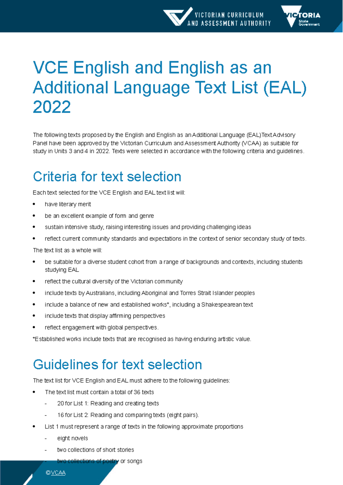 2022English EALText List VCE English and English as an Additional Language Text List (EAL
