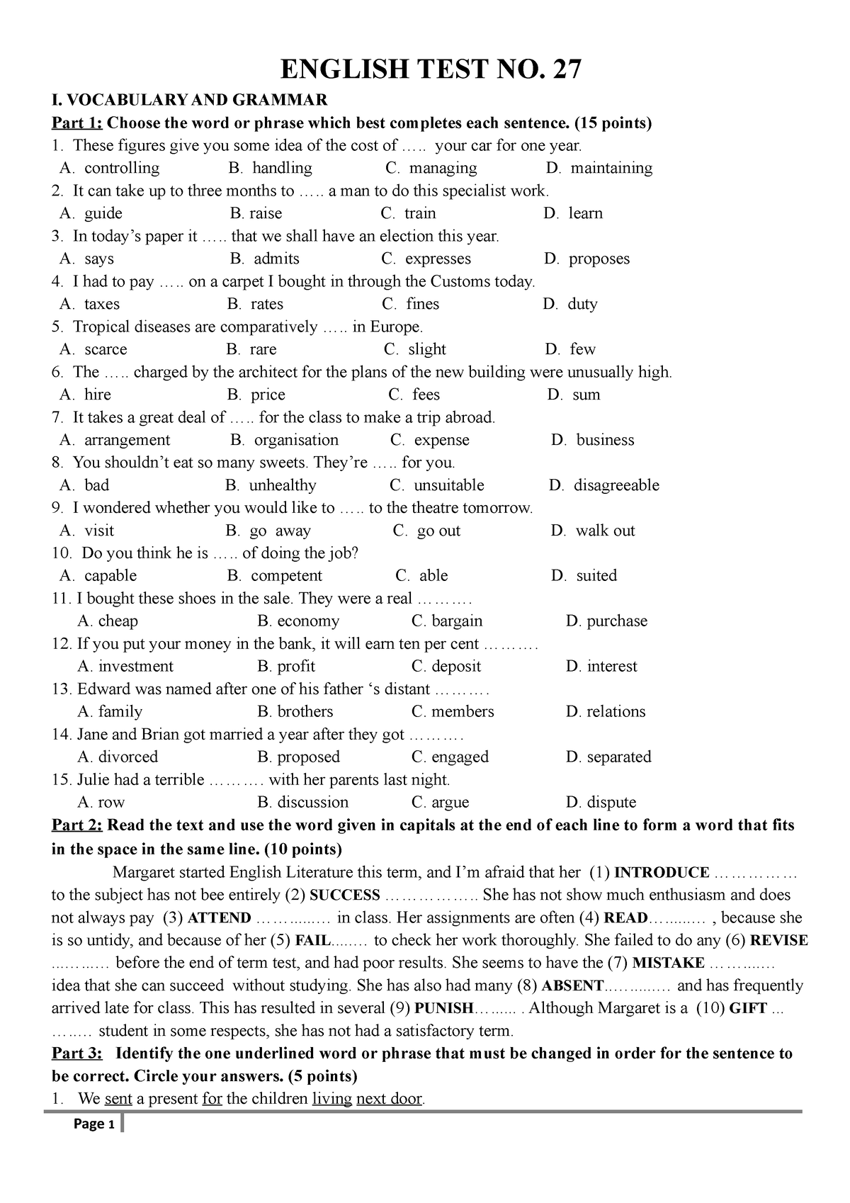 ĐỀ 27 - Document - ENGLISH TEST NO. 27 I. VOCABULARY AND GRAMMAR Part 1 ...