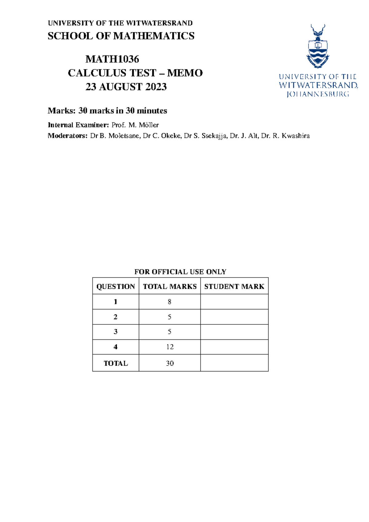 MATH1036 2023 Test Memo - UNIVERSITY OF THE WITWATERSRAND SCHOOL OF ...
