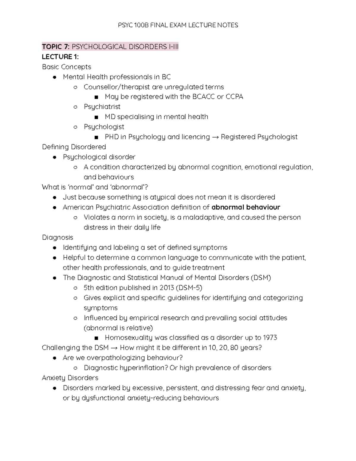 Pysch 100B Final Notes - TOPIC 7: PSYCHOLOGICAL DISORDERS I-III LECTURE ...