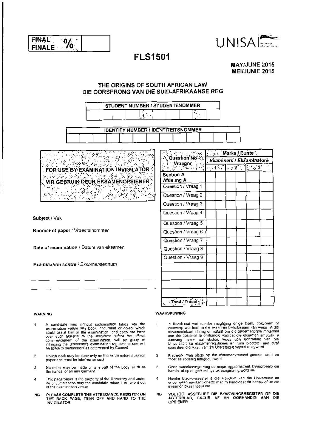 FLS1501 Exam Paper -2015-6-E-1 - FLS1501 - Studocu