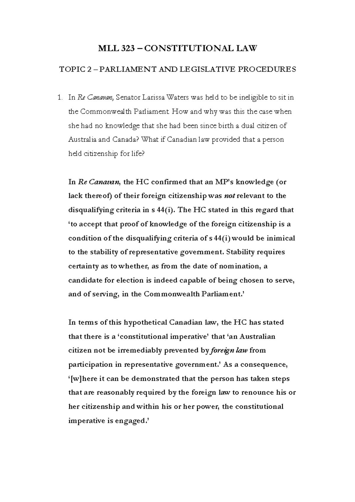 Week 3 Seminar Outlines - MLL 323 – CONSTITUTIONAL LAW TOPIC 2 ...