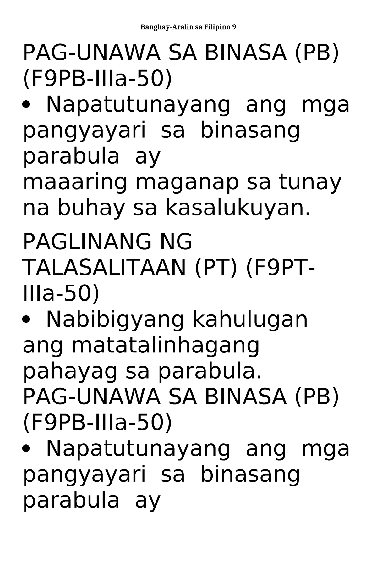 Filipino None Banghay Aralin Sa Filipino 9 Pag Unawa Sa Binasa Pb