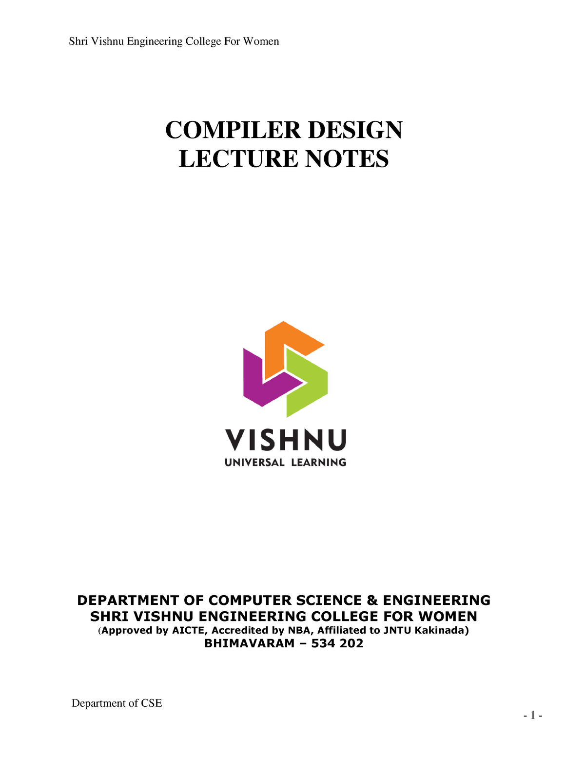 Compiler Design Notes 3 - Department Of CSE COMPILER DESIGN LECTURE ...