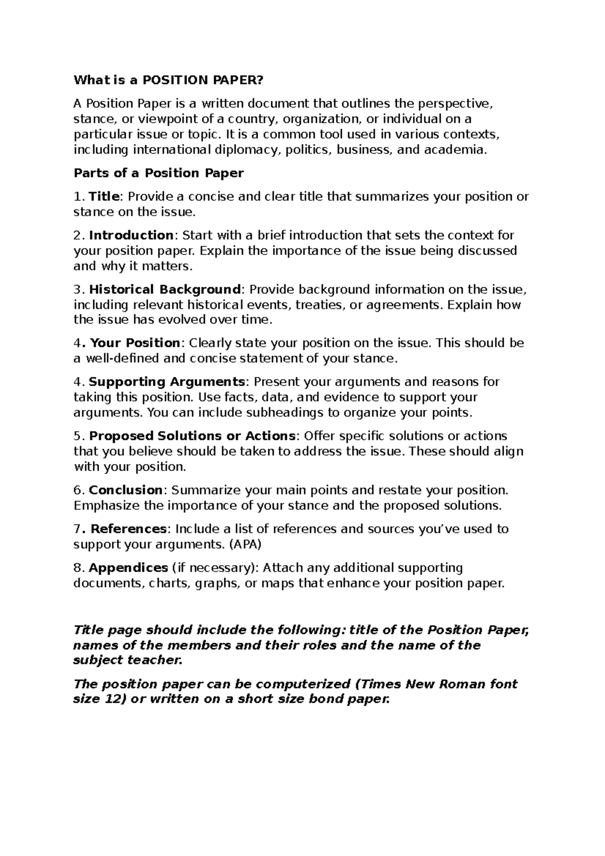 What is a Position Paper What is a POSITION PAPER? A Position Paper