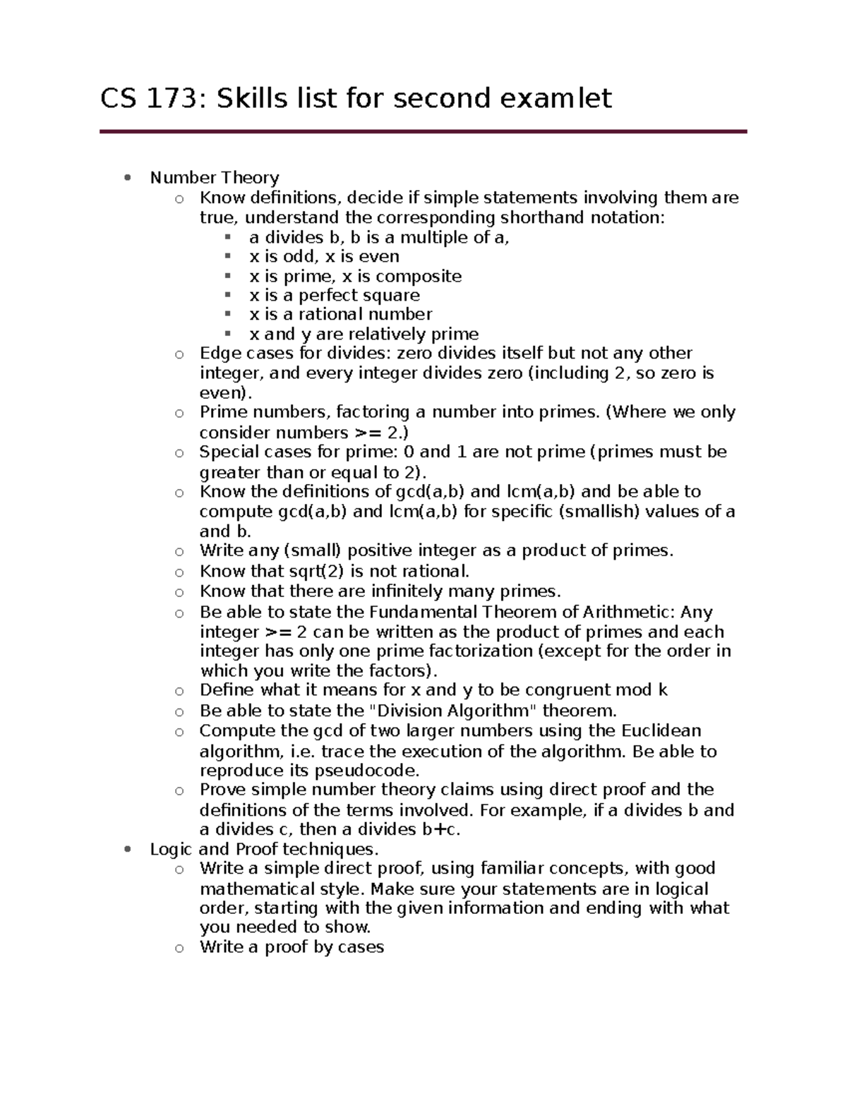 CS 173 - Examlet 2 Review - CS 173: Skills list for second examlet ...
