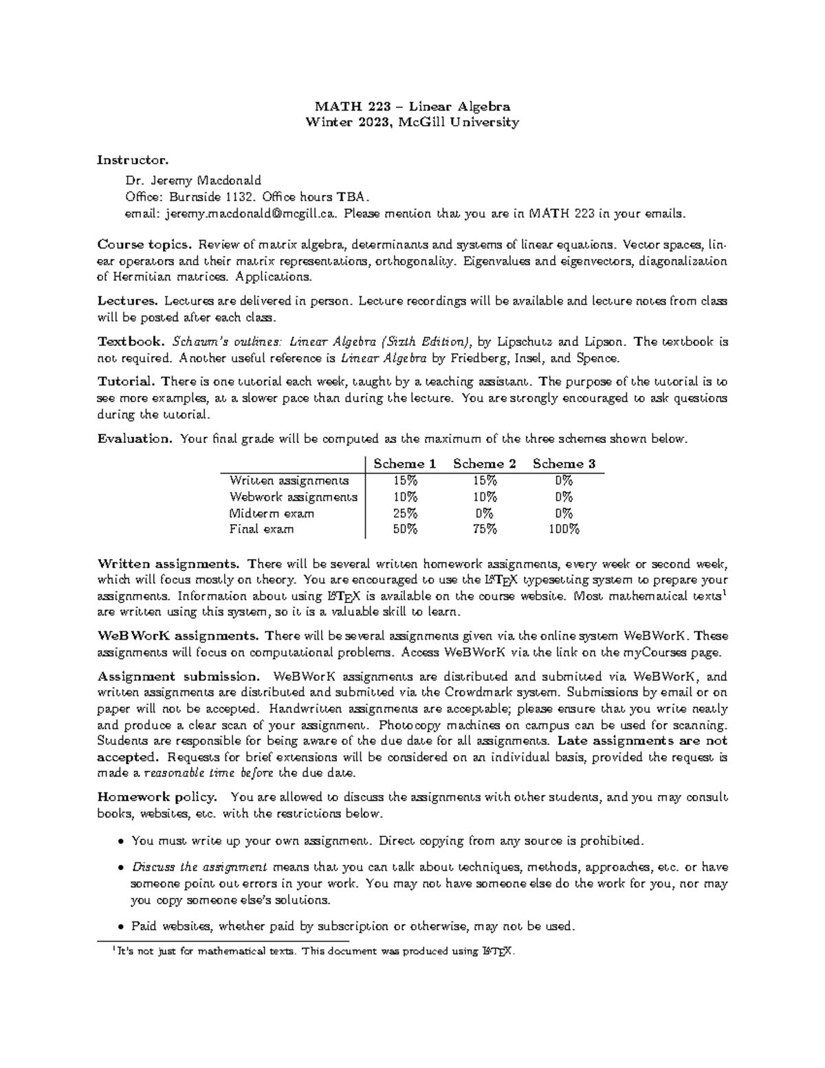 Math 223 - Syllabus - MATH 223 – Linear Algebra Winter 2023, McGill ...