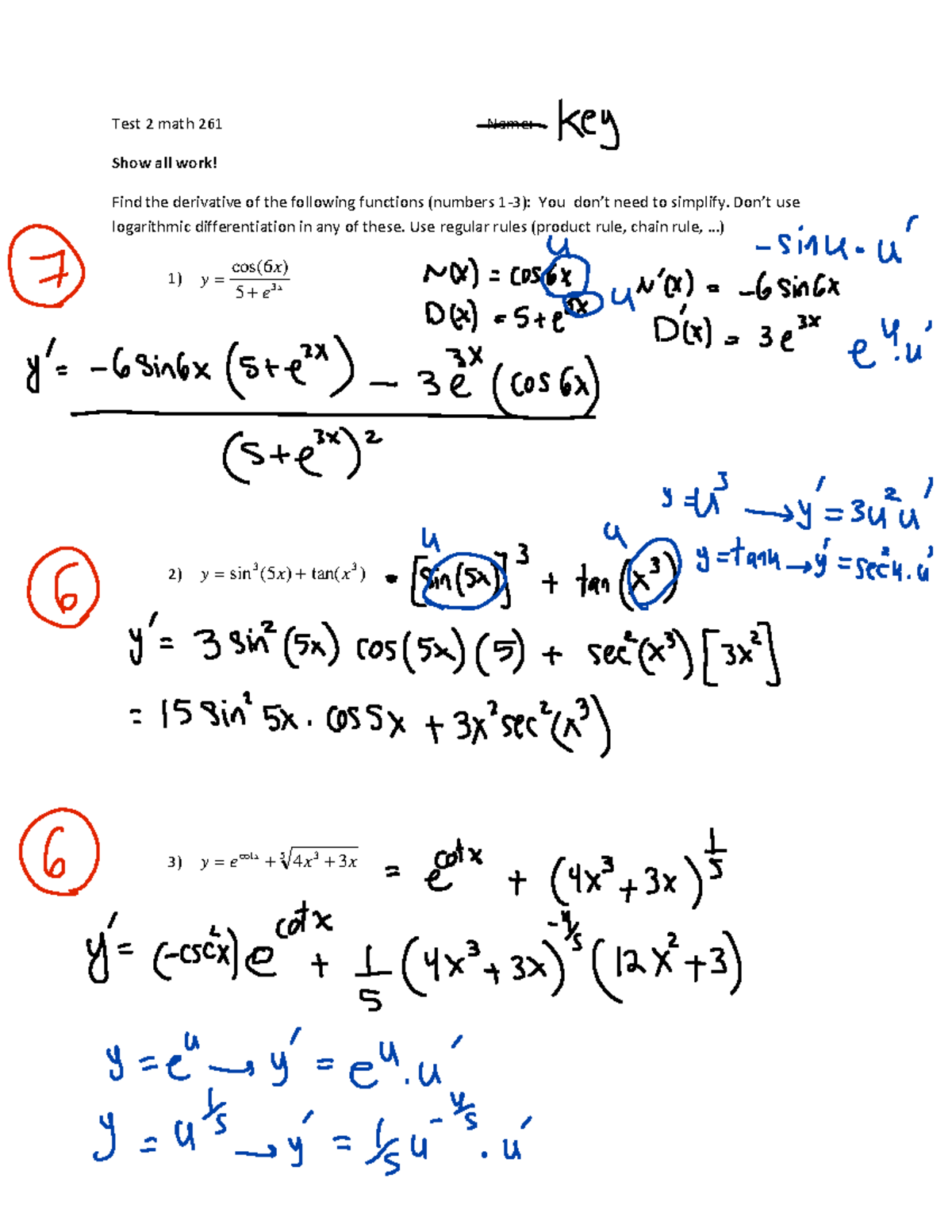 Key Calculus Test 2 Test PDF Test 2 math 261 Name Show all work