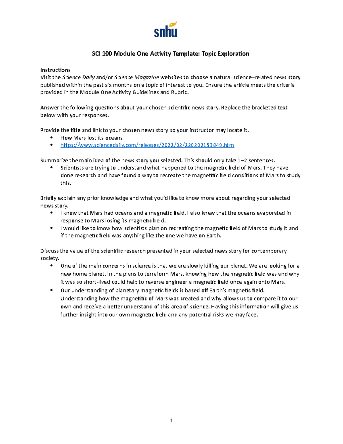 Module 1 - Topic Exploration - Mars - SCI 100 Module One Activity ...